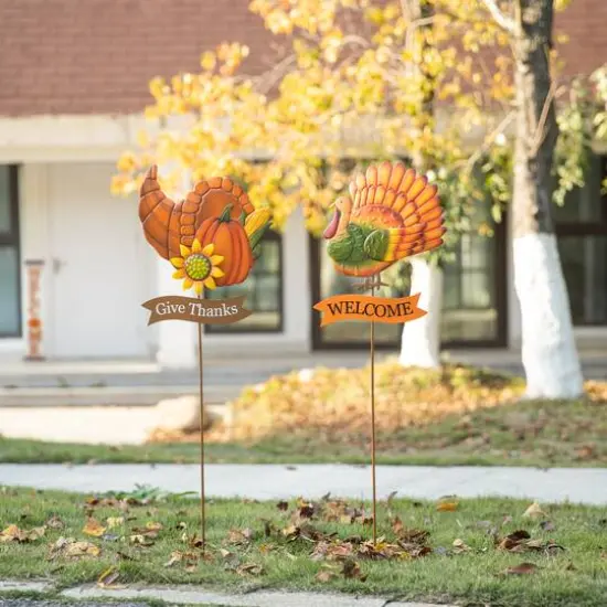 Glitzhome® 36.25" Thanksgiving Metal Turkey & Croissant Yard Stake Set {3}