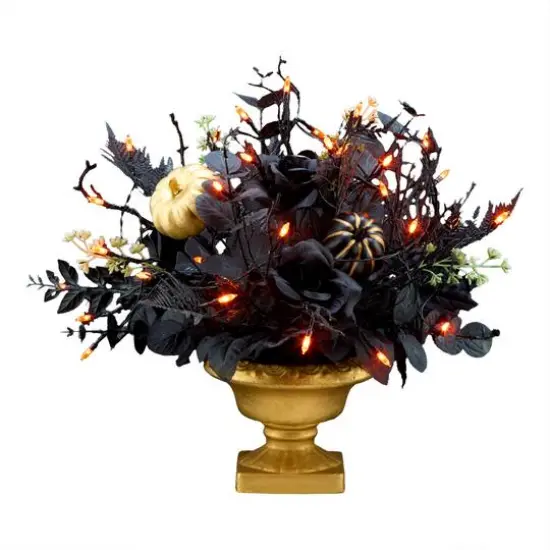 16" Chic Eek Black LED Halloween Centerpiece in Gold Urn {1}