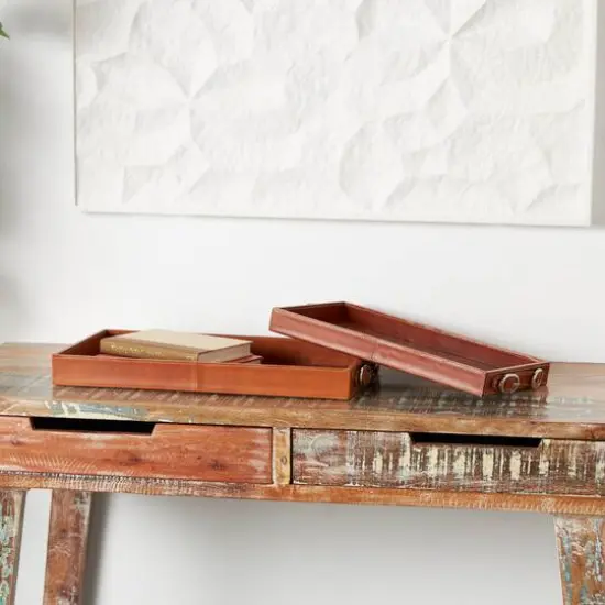 Leather Nesting Tray with Buckle Handles D&eacute;cor Set Brown {3}