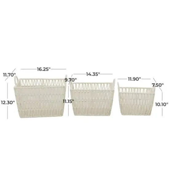 White Cotton Handmade Storage Basket with Handles Set of 3 12", 11", 10" {6}