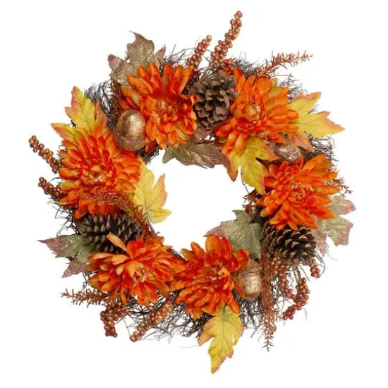22'' Mums & Acorns Floral Twig Artificial Wreath {1}