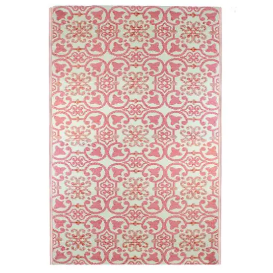 Pink & Cream Floral Design Rectangular Outdoor Area Rug, 4ft. x 6ft. {1}