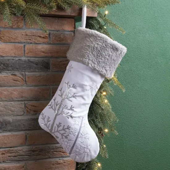 Glitzhome® 21" White Fleece with Christmas Tree & Snowflake Stocking {3}