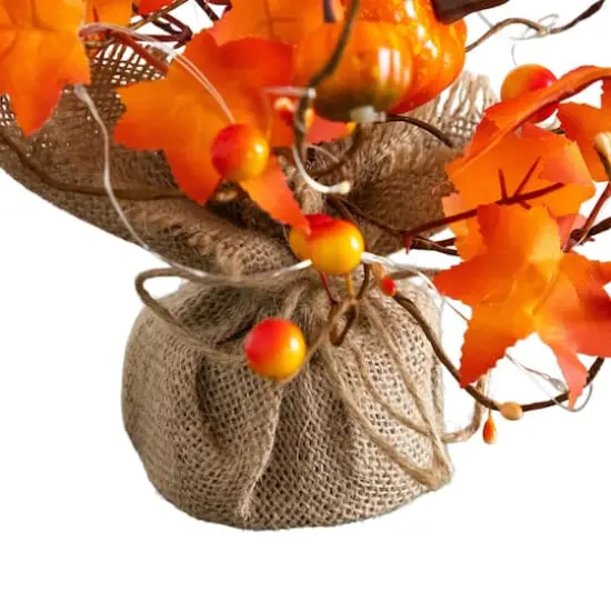 18in. Pre-Lit Artificial Maple Tree with Pumpkin Ornaments and 30 LED String Lights in Burlap Wrapped Base {7}