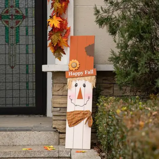 Glitzhome&reg; 36" Double Sided Wooden Scarecrow & Pumpkin Porch D&eacute;cor For Halloween & Fall {5}