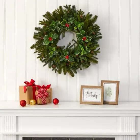22" Pinecone & Holly Leaf Artificial Wreath {3}