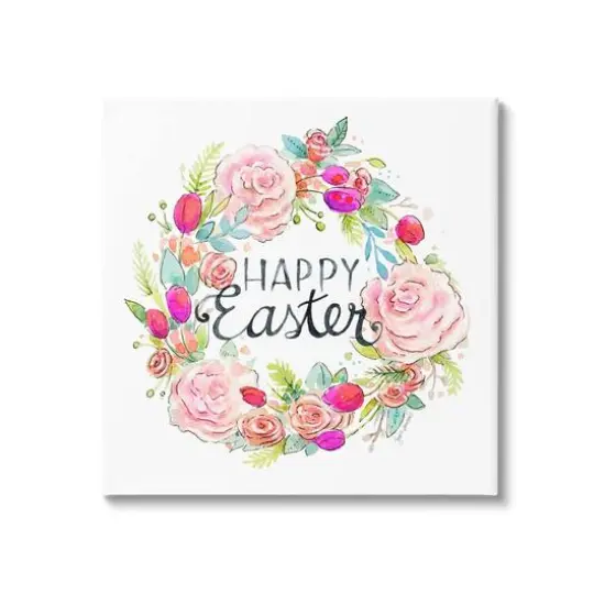 Stupell Industries Happy Easter Vivid Pink Floral Blossom Border Canvas Wall Art {1}