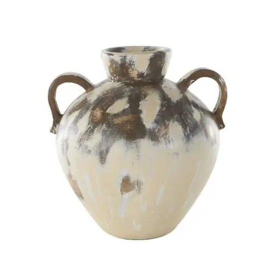 16" Cream Ceramic Antique Style Pot Vase with Arched Handles {1}