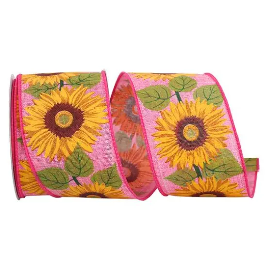 Reliant 2.5" x 10yd. Linen Wired Sunflowers In Line Ribbon Pink {2}