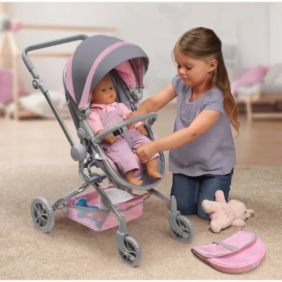 Badger Basket Gray & Pink Daydream Multi-Function Single Doll Pram & Stroller {3}