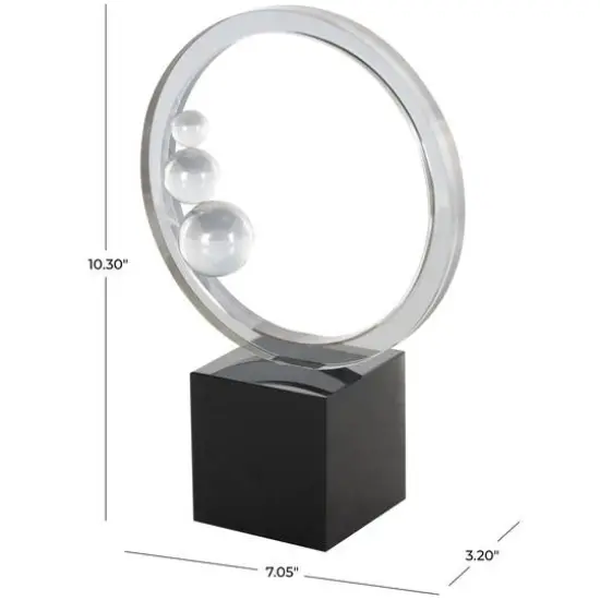 10.25" Clear Glass Ring Decorative Sculpture with Clear Orbs & Black Square Base {8}