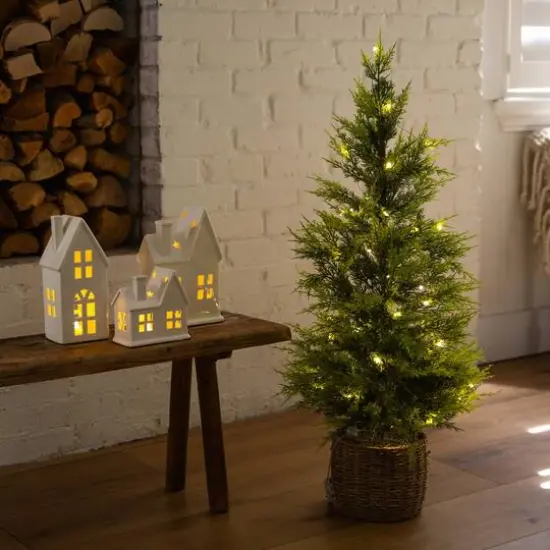 3ft. Pre-Lit Artificial Lightly Snowed Cypress Christmas Tree with 38 Warm White LED Lights in Decorative Weaved Basket {10}