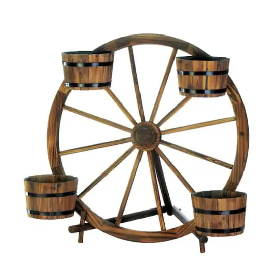 31" Wagon Wheel Barrel Planter Display {1}