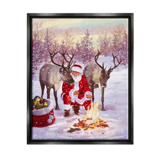 Stupell Industries Santa & Reindeer Bonfire Scene Framed Floater Canvas Wall Art Black {1}