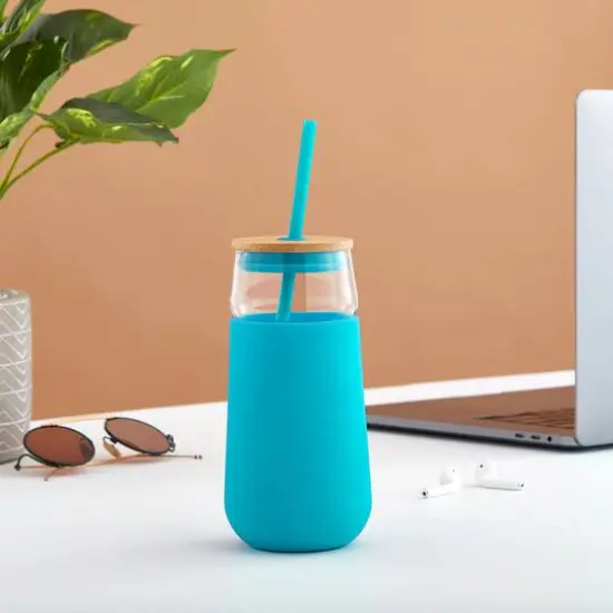 JoyJolt&reg; 20oz. Glass Tumbler with Straws & Silicone Sleeve Aqua {4}