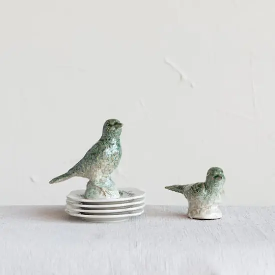 Hello Honey&reg; Green Debossed Ceramic Bird Figurines Set {3}