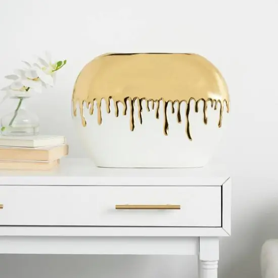 CosmoLiving by Cosmopolitan 16" White Ceramic Vase with Abstract Gold Melting Drips {3}