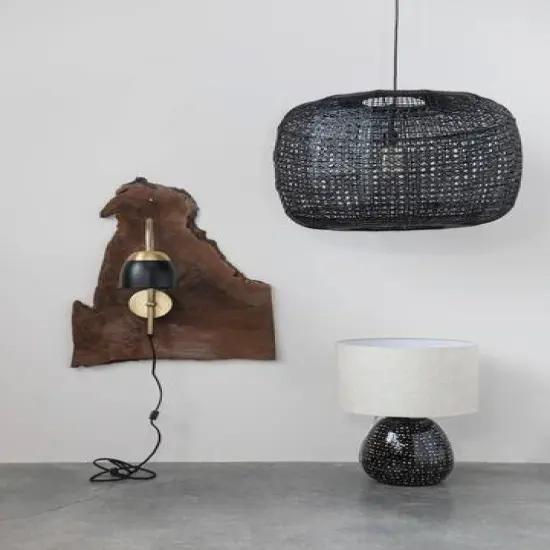 Hello Honey® 22" Black and White Dotted Stoneware Table Lamp with Linen Shade {4}