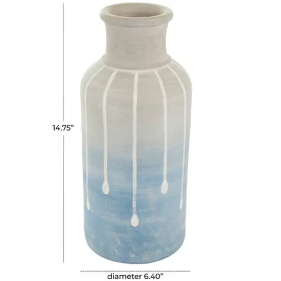 15" Blue & Gray Ceramic Abstract Ombre Drip Vase {8}