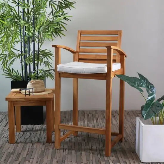 43" Brown Teak Wood Indoor/Outdoor Bar Stool with Cushion {7}