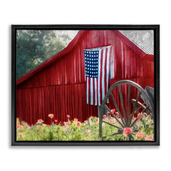 Stupell Industries Red Barn with American Flag Floater Framed Art Black {1}