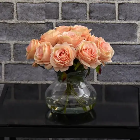 11" Peach Rose Arrangement with Clear Glass Vase {4}