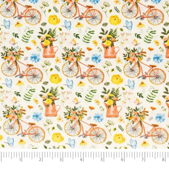 SINGER Bikes & Gardening on White Cotton Fabric {1}