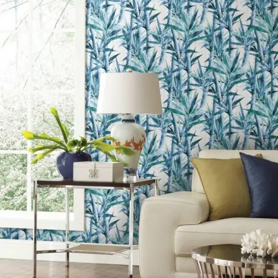 RoomMates Lucky Bamboo Peel & Stick Wallpaper Blue/White {5}