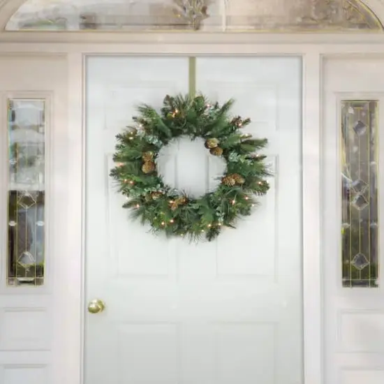 First Traditions&trade; 24'' Pre-Lit Artificial North Conway Wreath with Glittery Cones and Eucalyptus {3}