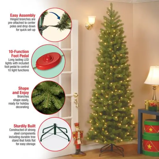 9 ft. Pre-lit Feel Real® Downswept Douglas Fir Pencil Artificial Christmas Tree, Dual Color® LED Lights {10}