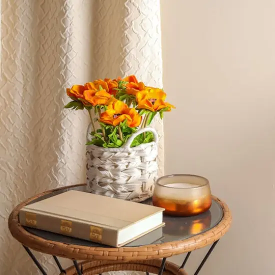 10" Anemone Flower Bouquet In White Basket Orange {4}