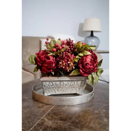 18" Red Peony & Hydrangea Arrangement in Decorative Planter {6}