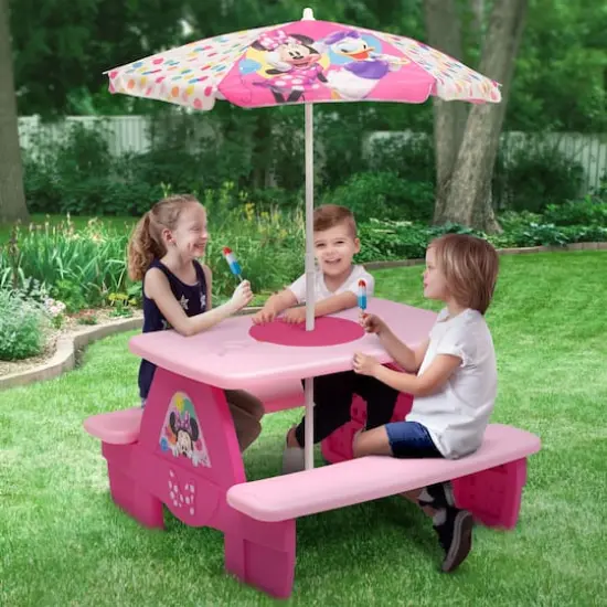 Disney® Minnie Mouse 4 Seat Activity Picnic Table with Umbrella & LEGO Compatible Tabletop {4}