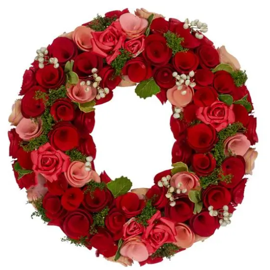 Red and Pink Wooden Rose with White Berries Artificial Wreath 12" {1}