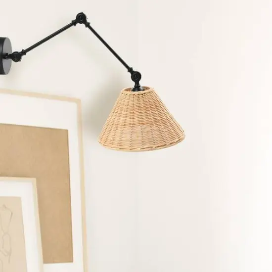 Hello Honey&reg; 29" Black Metal Finish Coastal Adjustable Wall Sconce with Neutral Beige Rattan Shade {4}