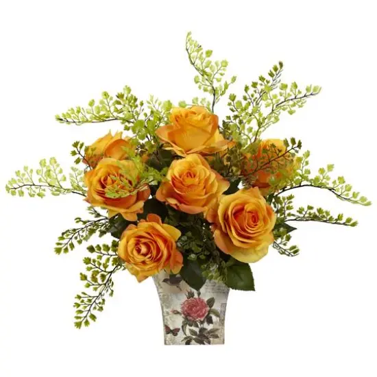 13" Rose & Maidenhair Fern in Floral Planter Orange/Yellow {1}