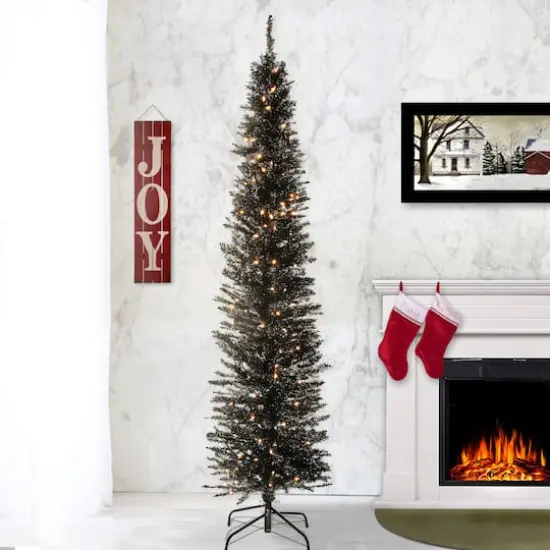 7ft. Pre-Lit Black Tinsel Artificial Christmas Tree {3}
