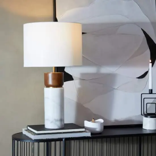 White Marble Thick Stand Table Lamp with Drum Shade 15" x 14" x 25" {10}