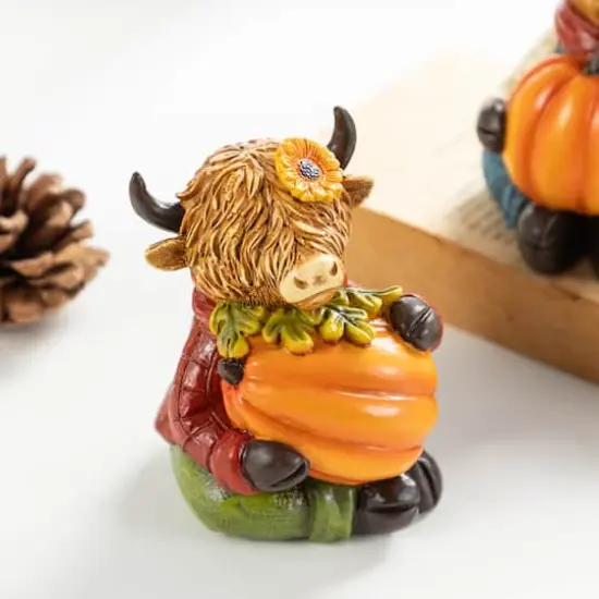 Glitzhome&reg; 4.25" Fall Resin Highland Cow Table Decor Set {6}