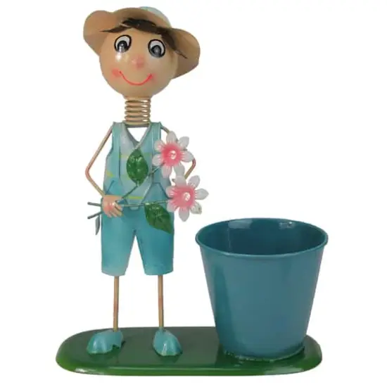 13.5" Boy With Blue Overalls & Flowers Spring Outdoor Planter {1}