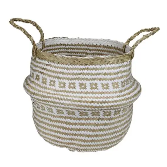 15" Beige & White Large Seagrass Belly Basket with Handles {1}