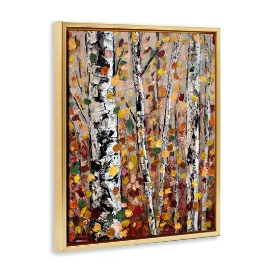 Stupell Industries Autumn Birch Trees Abstract Leaves Floater Framed Art Gold {4}