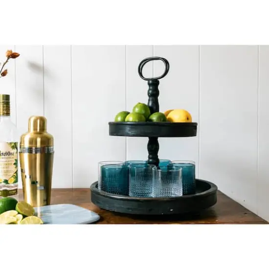 Hello Honey&reg; 18.5" Distressed Black Wood 2-Tier Tray {7}
