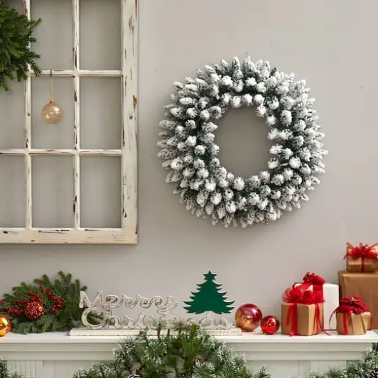 24" White LED Lights Flocked Artificial Christmas Wreath {6}