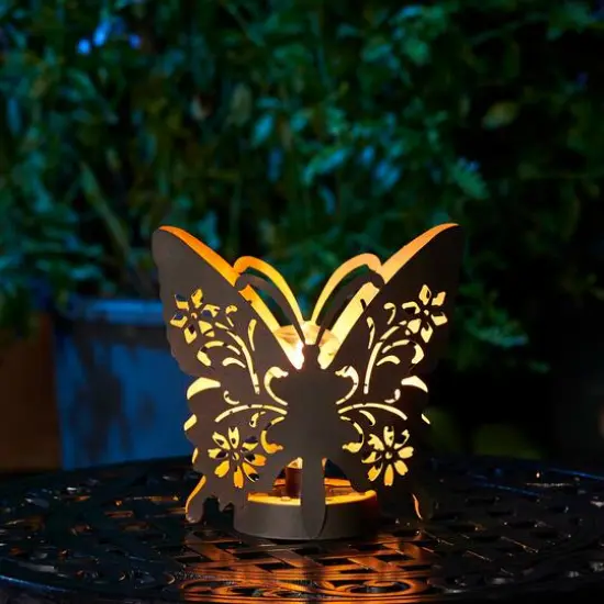 Glitzhome&reg; 9" Metal Flying Butterfly Silhouette Solar Powdered Edison Bulb Outdoor Lantern {3}