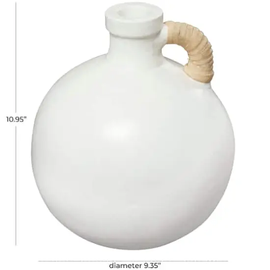 11" White Ceramic Jug Inspired Vase with Rattan Wrapped Handle {6}