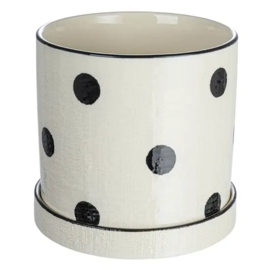 Hello Honey&reg; 7" Black and Ivory Textured Stoneware Planter with Polka Dots and Saucer {1}