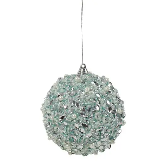 3.5" Green Glitter and White Beads Shatterproof Christmas Ball Ornament {6}