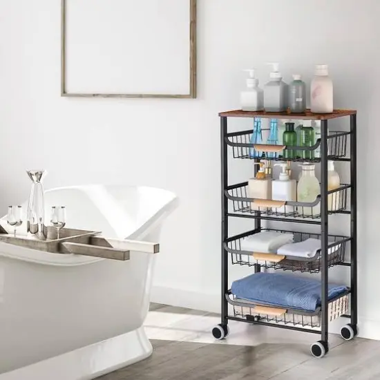 Black 5-Tier Metal Wire Basket Shelf Kitchen Storage Rolling Cart {7}