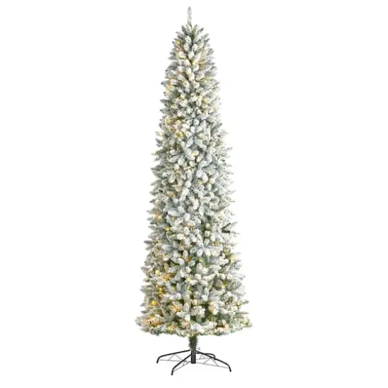 9ft. Pre-Lit Slim Flocked Montreal Fir Artificial Christmas Tree, White LED Lights {1}